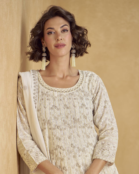 Cream Georgette Readymade Anarkali Palazzo Suit For Women