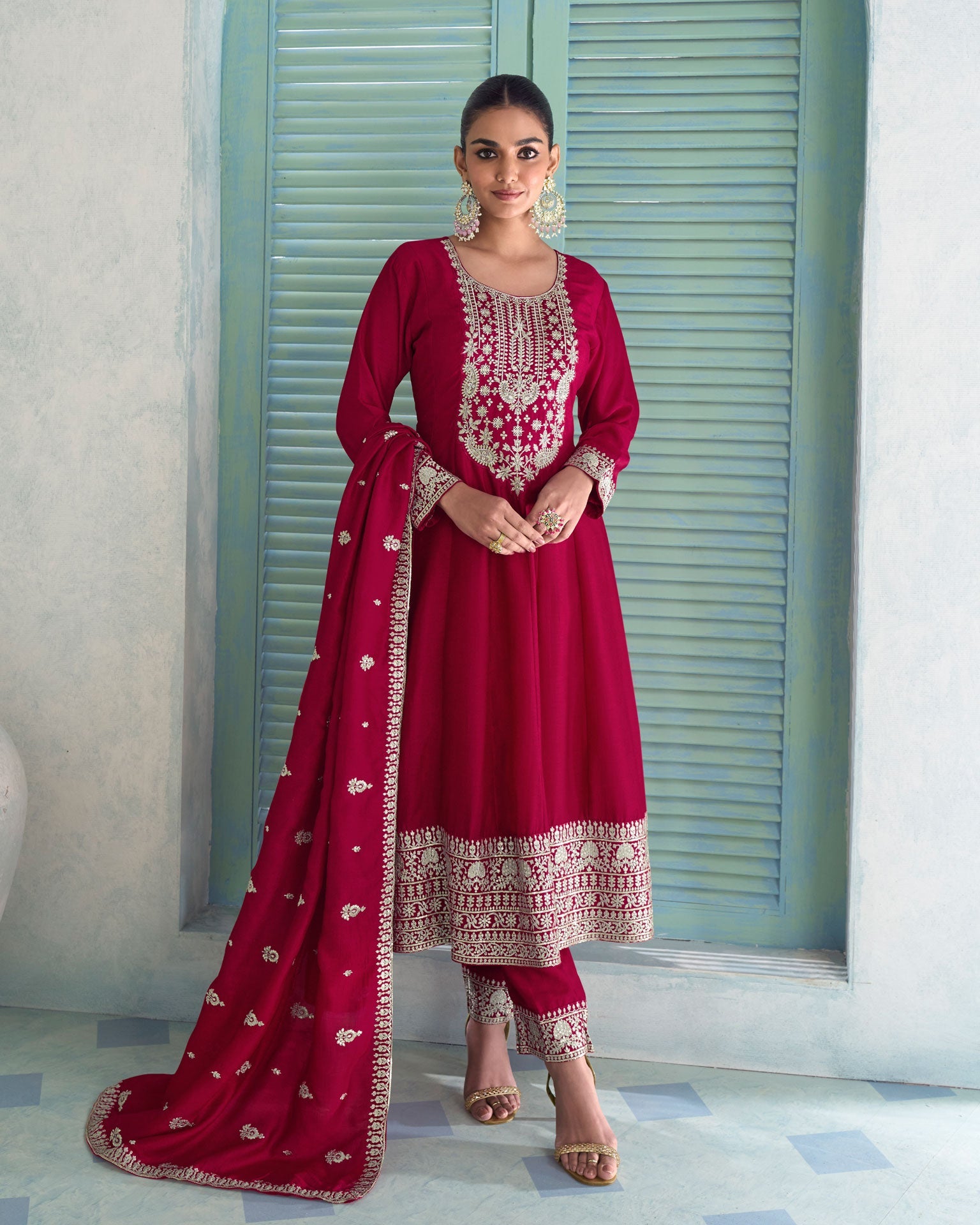 Maroon Silk Thread Work Women Readymade Anarkali Churidar Suit