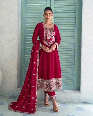 Maroon Silk Thread Work Women Readymade Anarkali Churidar Suit