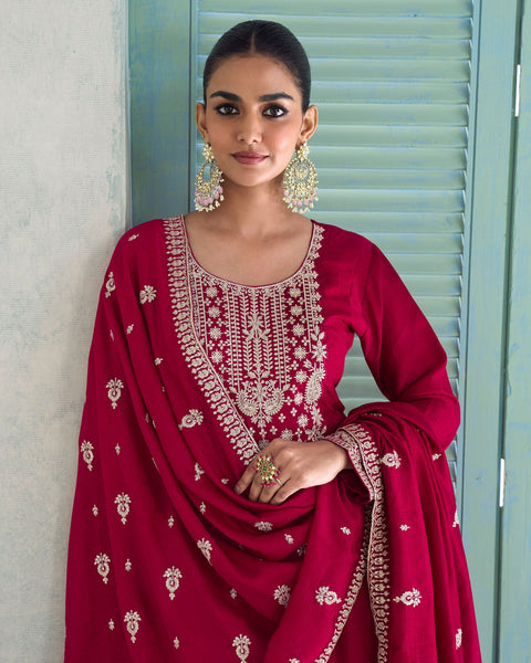 Maroon Silk Thread Work Women Readymade Anarkali Churidar Suit