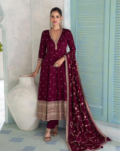 Wine Silk Thread Work Women Readymade Anarkali Churidar Suit