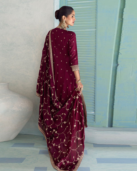 Wine Silk Thread Work Women Readymade Anarkali Churidar Suit