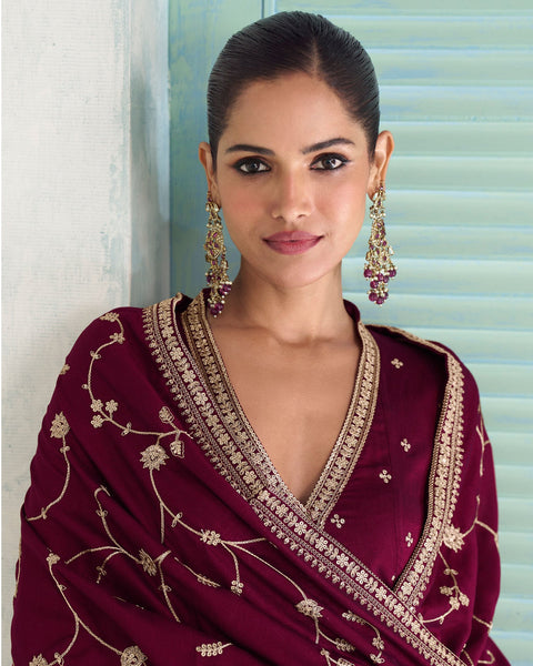 Wine Silk Thread Work Women Readymade Anarkali Churidar Suit