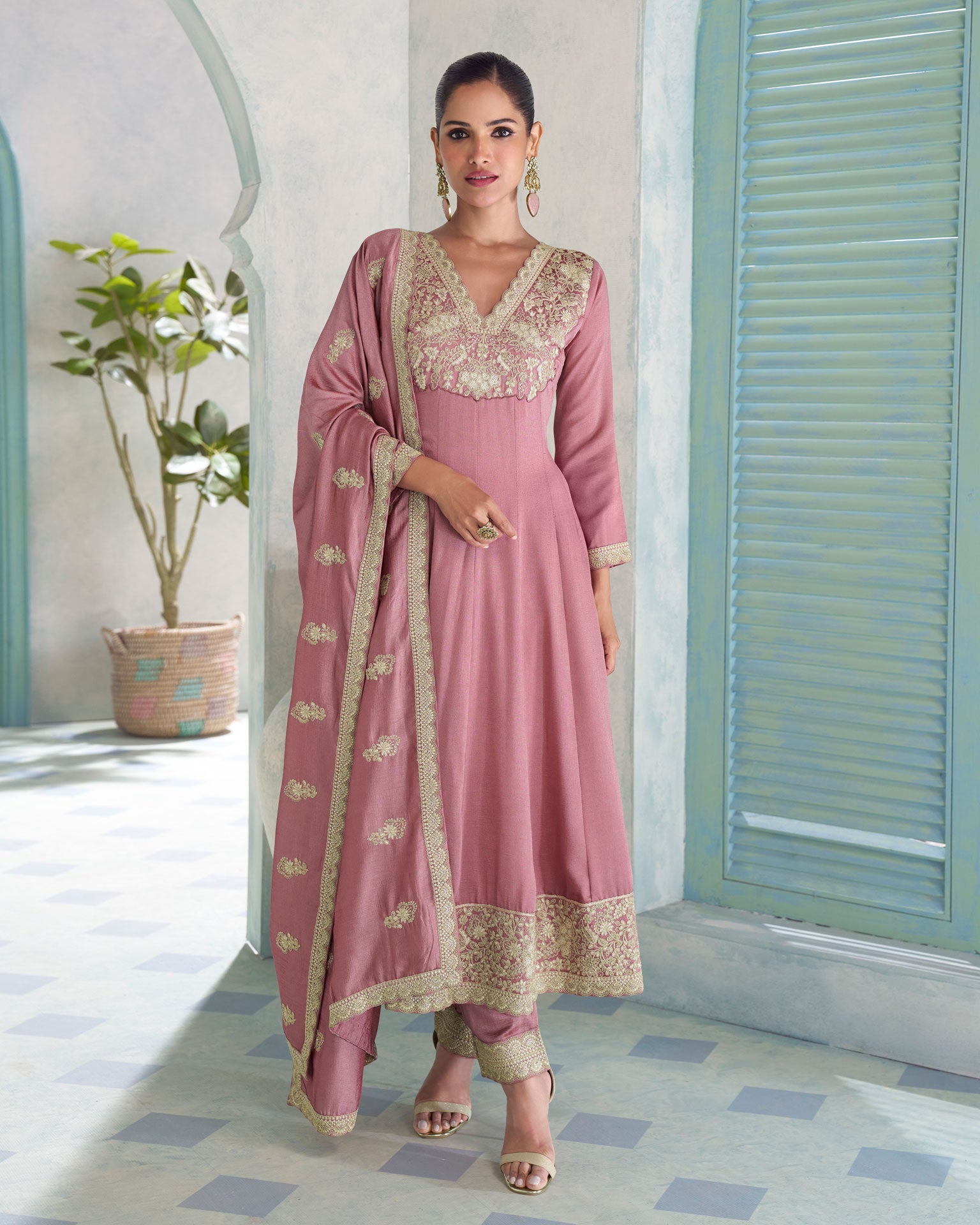 Pink Silk Thread Work Women Readymade Anarkali Churidar Suit