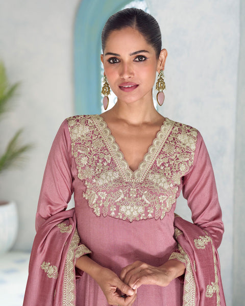 Pink Silk Thread Work Women Readymade Anarkali Churidar Suit