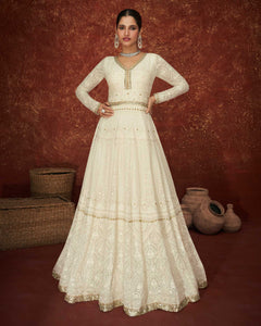 Off White Georgette Women Readymade Chikan Embroidery Anarkali Suit