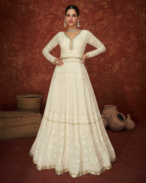 Off White Georgette Women Readymade Chikan Embroidery Anarkali Suit