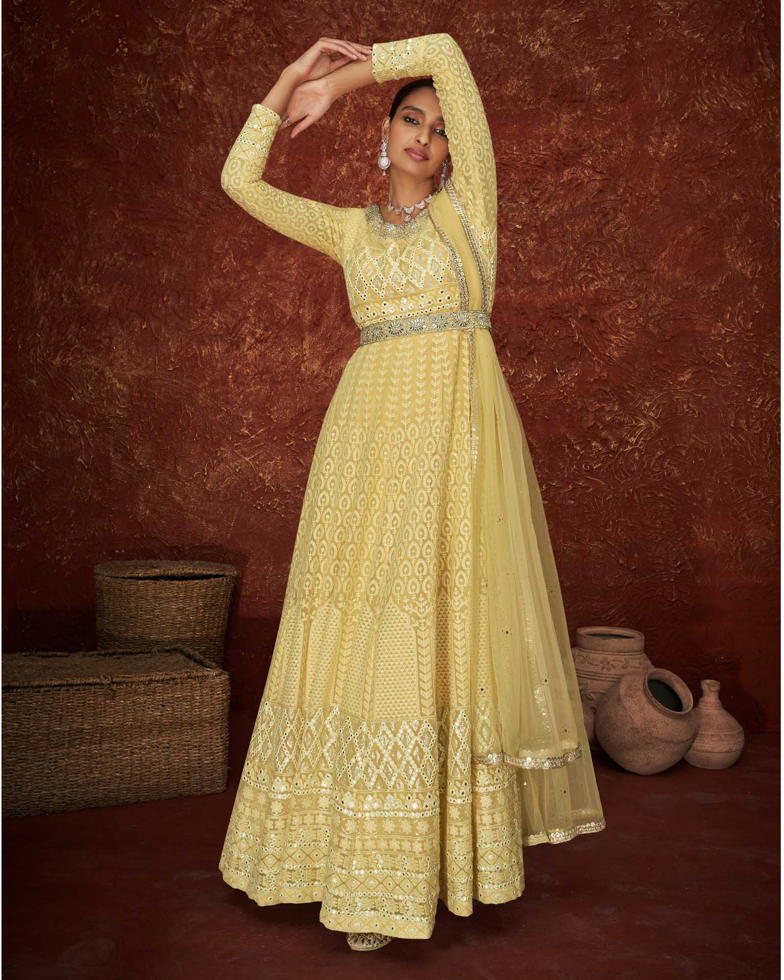Yellow Women Readymade Georgette Chikan Embroidery Anarkali Suit