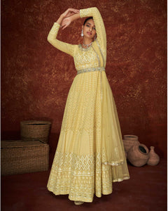 Yellow Women Readymade Georgette Chikan Embroidery Anarkali Suit