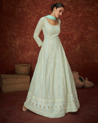 Sky Blue Georgette Women Readymade Chikan Embroidery Anarkali Suit