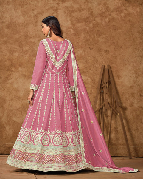 Pink Zari Sequins Work Dola Silk Women Readymade Anarkali Gown