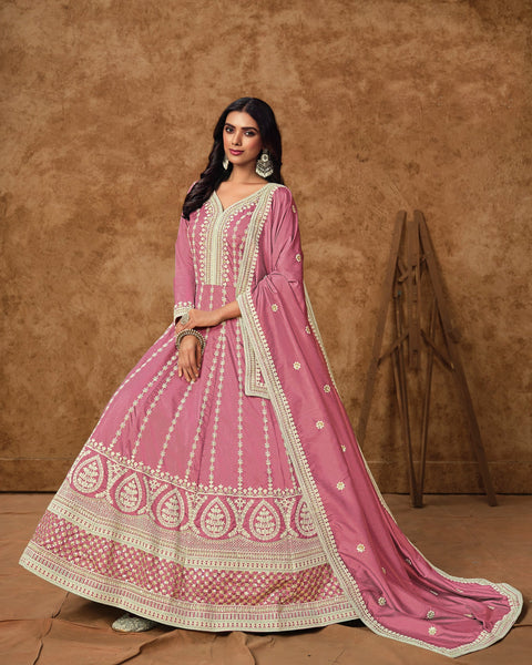 Pink Zari Sequins Work Dola Silk Women Readymade Anarkali Gown