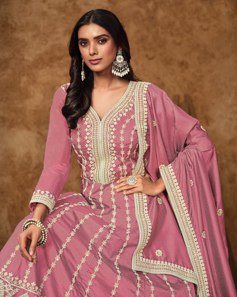 Pink Zari Sequins Work Dola Silk Women Readymade Anarkali Gown