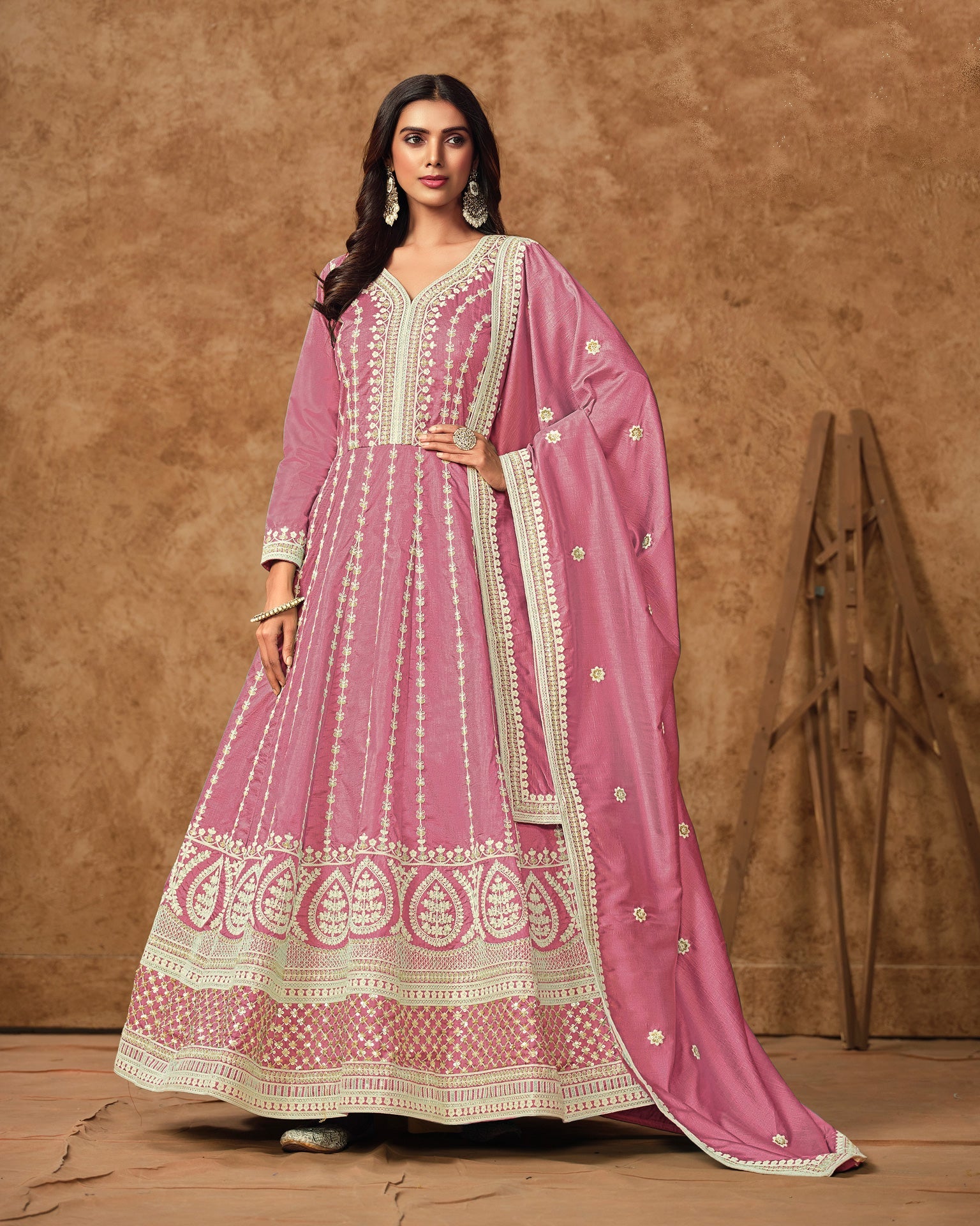 Pink Zari Sequins Work Dola Silk Women Readymade Anarkali Gown