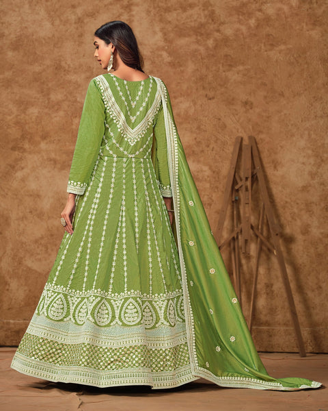Green Zari Sequins Work Dola Silk Women Readymade Anarkali Gown