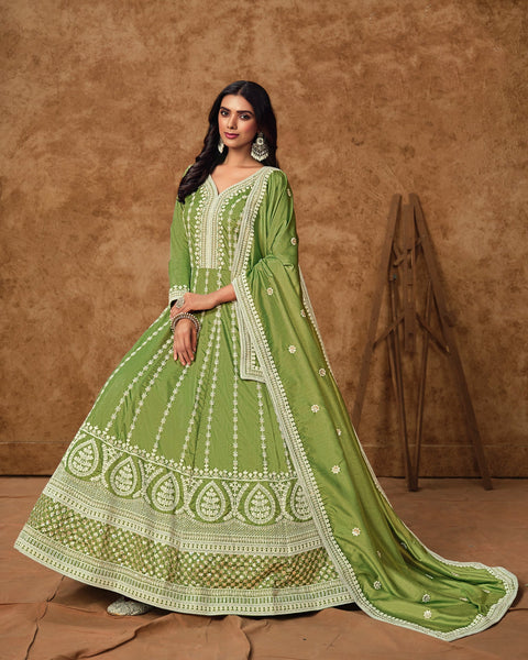Green Zari Sequins Work Dola Silk Women Readymade Anarkali Gown