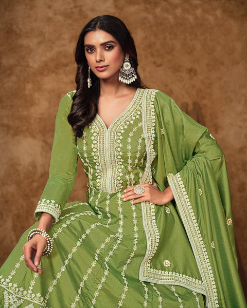 Green Zari Sequins Work Dola Silk Women Readymade Anarkali Gown
