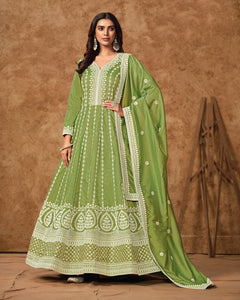 Green Zari Sequins Work Dola Silk Women Readymade Anarkali Gown