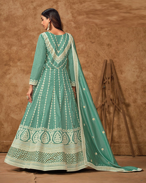 Sky Blue Zari Sequins Work Dola Silk Women Readymade Anarkali Gown