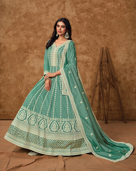 Sky Blue Zari Sequins Work Dola Silk Women Readymade Anarkali Gown