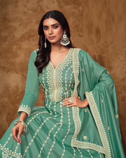 Sky Blue Zari Sequins Work Dola Silk Women Readymade Anarkali Gown