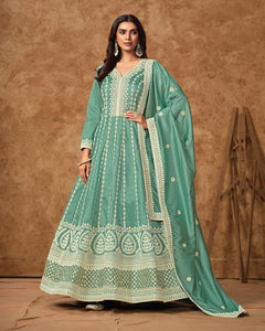Sky Blue Zari Sequins Work Dola Silk Women Readymade Anarkali Gown