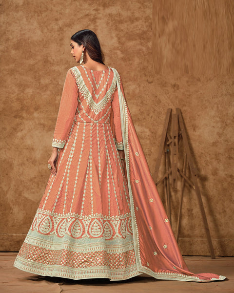 Peach Zari Sequins Work Dola Silk Women Readymade Anarkali Gown