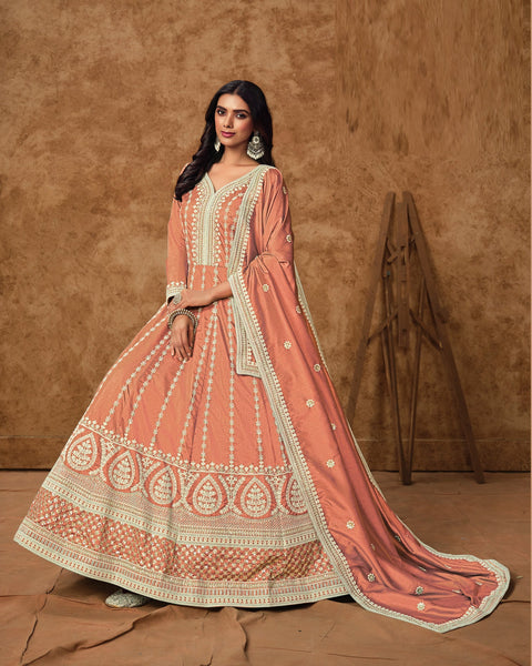 Peach Zari Sequins Work Dola Silk Women Readymade Anarkali Gown