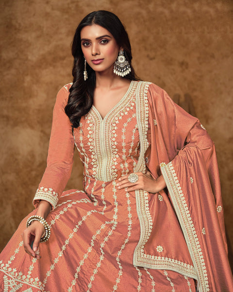 Peach Zari Sequins Work Dola Silk Women Readymade Anarkali Gown