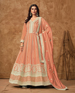 Peach Zari Sequins Work Dola Silk Women Readymade Anarkali Gown