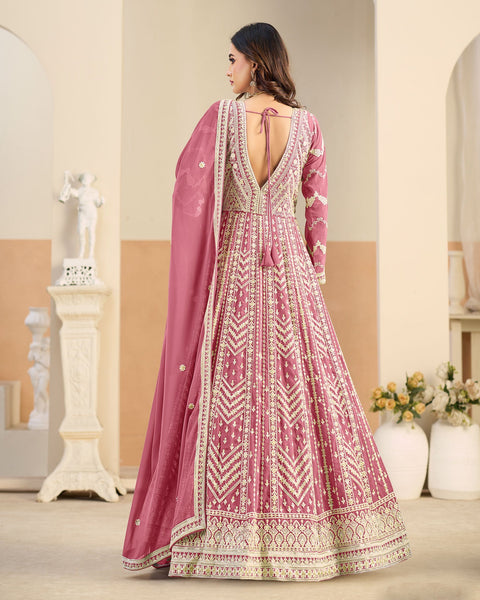 Pink Thread Work Women Faux Georgette Unstitched Anarkali Suit