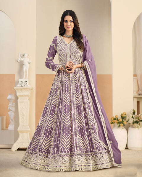 Purple Thread Work Women Faux Georgette Unstitched Anarkali Suit