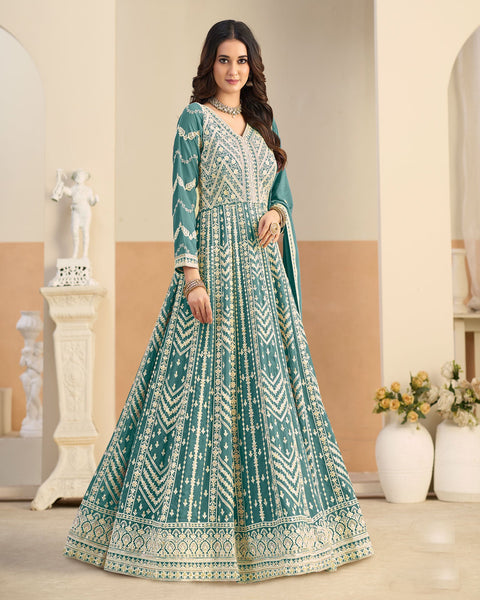 Sea Green Thread Work Women Faux Georgette Unstitched Anarkali Suit