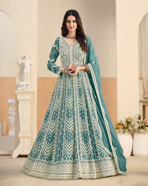 Sea Green Thread Work Women Faux Georgette Unstitched Anarkali Suit
