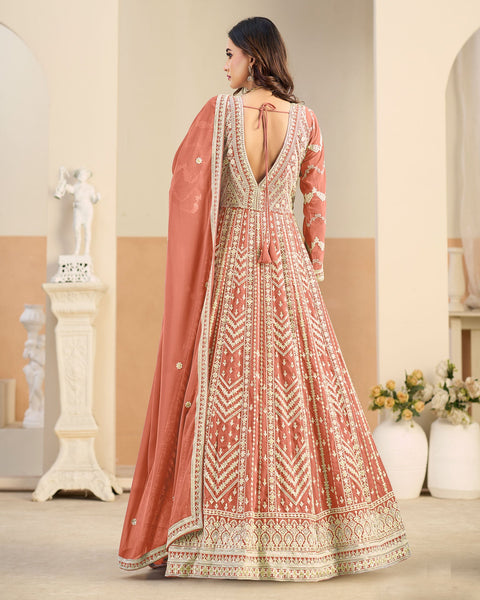 Peach Thread Work Women Faux Georgette Unstitched Anarkali Suit