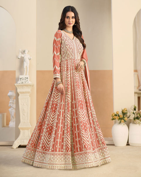 Peach Thread Work Women Faux Georgette Unstitched Anarkali Suit