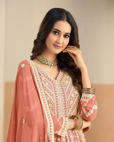 Peach Thread Work Women Faux Georgette Unstitched Anarkali Suit