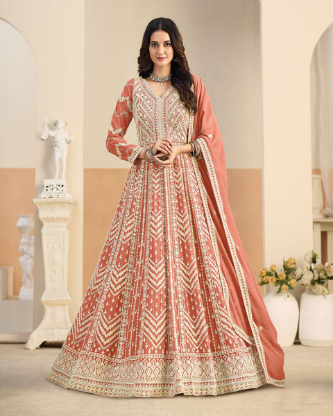 Peach Thread Work Women Faux Georgette Unstitched Anarkali Suit