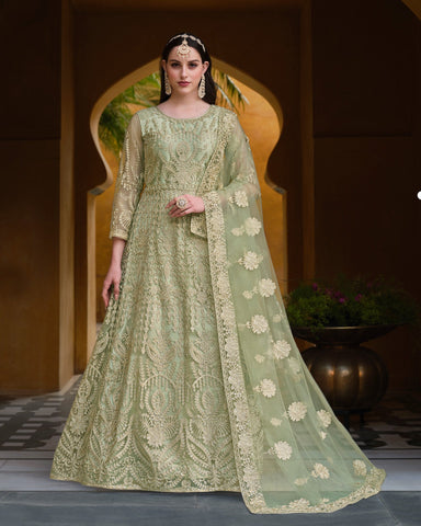 Green Net Stone & Zari Work Anarkali Suit With Green Net Dupatta