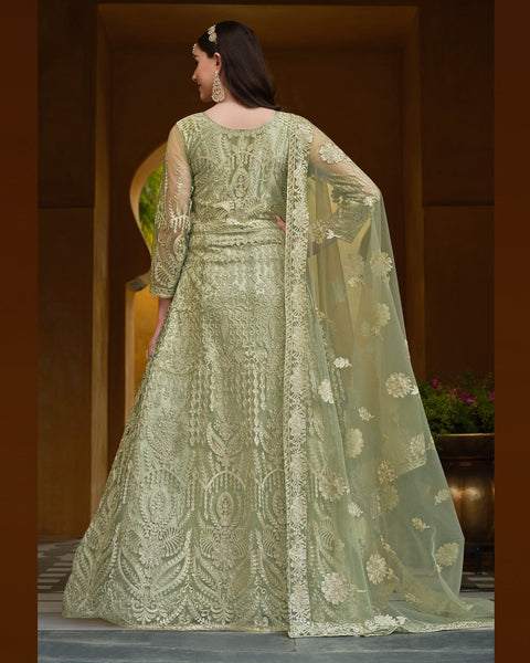 Green Net Stone & Zari Work Anarkali Suit With Green Net Dupatta