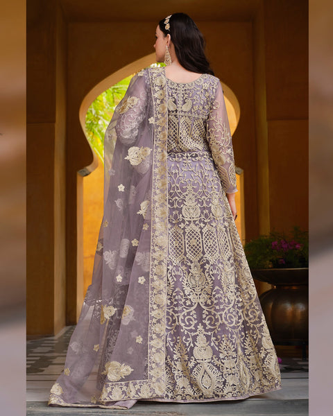 Purple Net Stone & Zari Work Anarkali Suit With Purple Net Dupatta