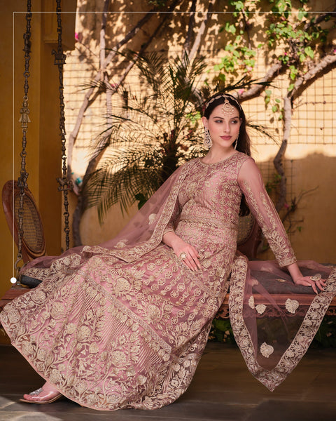 Pink Net Stone & Zari Work Anarkali Suit With Pink Net Dupatta