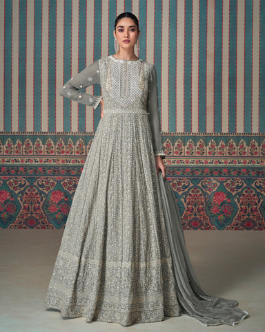 Grey Georgette Lucknowi Work Women Readymade Anarkali Kameez With Dupatta