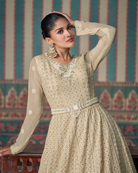 Beige Georgette Lucknowi Work Women Readymade Anarkali Kameez With Dupatta