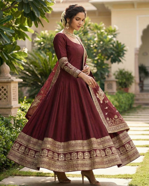 Maroon Vichitra Silk Readymade Anarkali Kurta Suit For Women With Dupatta