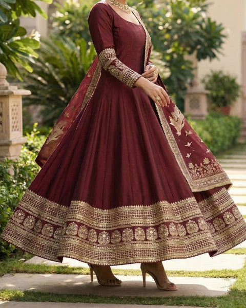 Maroon Vichitra Silk Readymade Anarkali Kurta Suit For Women With Dupatta