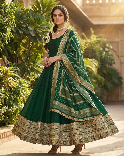 Green Vichitra Silk Readymade Anarkali Kurta Suit For Women With Dupatta