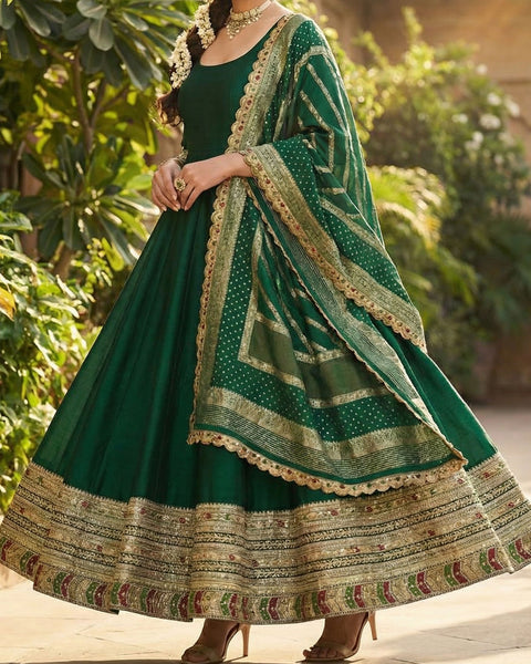 Green Vichitra Silk Readymade Anarkali Kurta Suit For Women With Dupatta