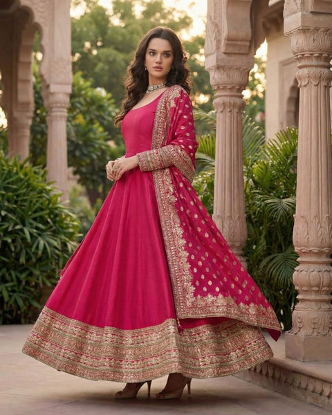 Pink Vichitra Silk Readymade Anarkali Kurta Suit For Women With Dupatta
