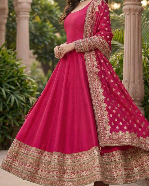 Pink Vichitra Silk Readymade Anarkali Kurta Suit For Women With Dupatta